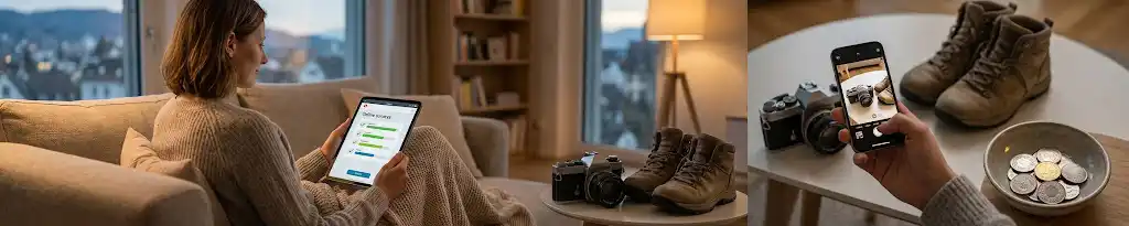 Einsteiger im Schweizer Zuhause: Eine Frau auf einem Sofa fotografiert gebrauchte Artikel für den Verkauf und nutzt ein Tablet für Umfragen, um unkompliziert Geld verdienen nebenbei Zuhause Schweiz zu lernen, mit CHF-Münzen im Fokus.