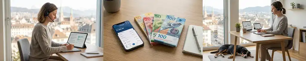 Detaillierte Nahaufnahme von gestapelten Schweizer Franken (CHF) Geldscheinen und einem Smartphone mit Banking-App auf einem Holzschreibtisch. Im Fokus eine Frau mit Headset, die Online-Nachhilfe gibt, und ein Hund an ihren Füßen, um den realistischen Nebenverdienst Geld verdienen nebenbei Zuhause Schweiz zu visualisieren.