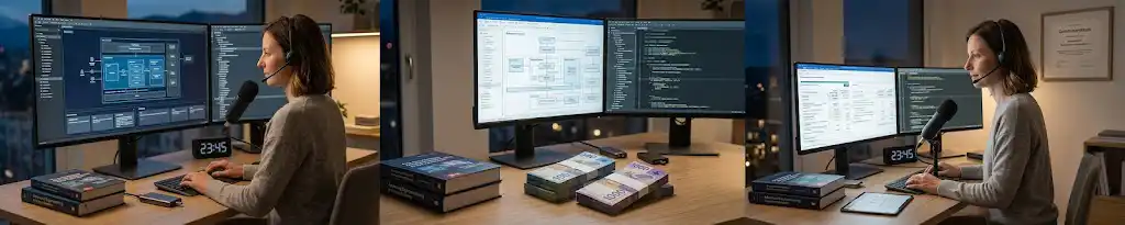 Ein spezialisierter Home Office-Arbeitsplatz bei Nacht. Die Frau aus image arbeitet an komplexen technischen Projekten mit professionellen Tools. Ordentlich gestapelte 1000 CHF und 100 CHF Noten auf dem Schreibtisch repräsentieren seriöses Geld verdienen nebenbei Zuhause Schweiz, durch echtes Fachwissen und hohem Zeitaufwand, ohne riskante Schemata, für das Erreichen hoher Einnahmen.