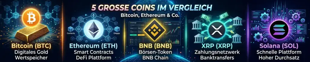 In welche Kryptowährung investieren: Bitcoin, Ethereum & Co. - 5 große Coins im Vergleich