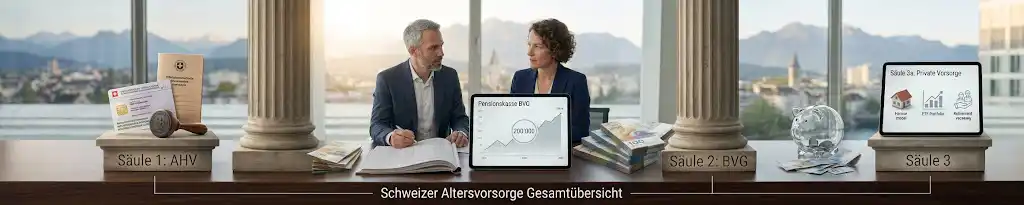 Das Schweizer 3-Säulen-System erklärt: Eine grafische Übersicht zeigt AHV, BVG Pensionskasse und Säule 3a, um zu illustrieren, wie sich das Vermögen mit 40 zusammensetzt und wie viel Geld sollte man mit 40 gespart haben in der Schweiz.