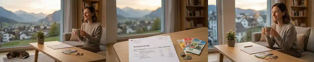 Erfolgreiches Fazit: Eine entspannte Frau genießt ihren Kaffee auf dem Sofa. Ein Kontoauszug und CHF-Banknoten auf dem Tisch zeigen das realistische Ergebnis, wenn man das Projekt Geld verdienen nebenbei Zuhause Schweiz systematisch und geduldig aufbaut.