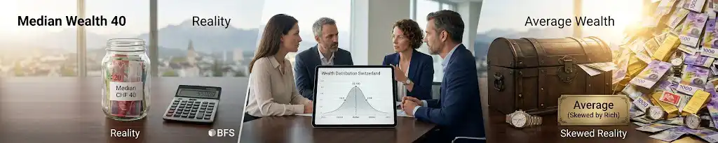 Medianvermögen Schweiz 40 vs. Durchschnitt: Eine visuelle Grafik zeigt, warum der Schweizer Median (Realität) viel aussagekräftiger ist als der durch Reiche verzerrte Durchschnitt, wenn man fragt, wie viel Geld sollte man mit 40 gespart haben in der Schweiz.