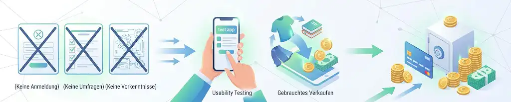 Infografik mit durchgestrichenen Symbolen für Anmeldung, Umfragen und Vorkenntnisse, die stattdessen auf Alternativen wie Usability-Testing am Smartphone und den Verkauf von Gebrauchtwaren verweist. Die visuelle Darstellung illustriert, wie Online Geld verdienen ohne Startkapital funktioniert und zu ersten Einnahmen (Safe, Euro-Münzen) führt – ein praxisnaher Weg für das Online Geld verdienen ohne Eigenkapital.