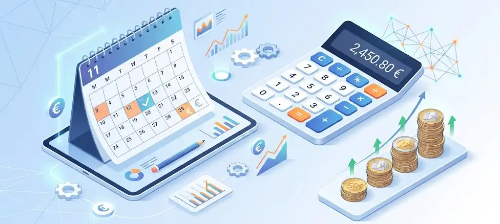 Infografik zur ersten Monatsabrechnung: Ein Kalender, ein Taschenrechner und wachsende Euro-Münzstapel visualisieren erste Einnahmen. Die Grafik zeigt, welches Einkommen beim Online Geld verdienen ohne Startkapital im ersten Monat realistisch ist, und beweist, dass Online Geld verdienen ohne Eigenkapital in kleinen, stetigen Schritten funktioniert.