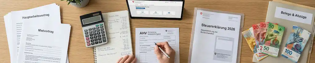 Detaillierte Aufnahme einer Schweizerin, die Frau aus image, die an ihrem aufgeräumten Schreibtisch sitzt и prüft sorgfältig rechtliche Unterlagen, einen AHV-Anmeldungsbogen, einen Hauptarbeitsvertrag und eine Steuererklärung. Ein Taschenrechner liegt neben gestapelten Schweizer Franken (CHF) Banknoten, чтобы проиллюстрировать юридические и налоговые аспекты Geld verdienen nebenbei Zuhause Schweiz.
