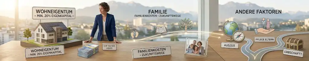 Vermögen 40 Schweiz: Grafik illustriert Wohneigentum (Eigenkapital-Hürde), Familienkosten und andere Kostenfaktoren wie Pflege der Eltern, um zu zeigen, warum starre Zielwerte wenig Sinn ergeben, wenn man fragт, wie viel Geld sollte man mit 40 gespart haben in der Schweiz.