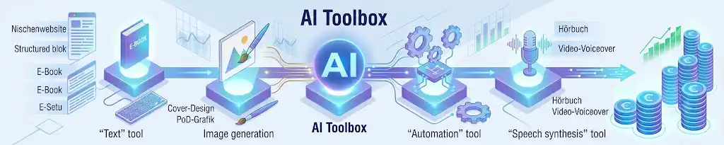 Eine illustrative Übersicht im 5:1 Format, die einen spezialisierten "AI Toolbox" darstellt, der Text-, Bild-, Automatisierungs- und Sprach-Tools organisiert, um effizient passives Einkommen generieren mit KI zu ermöglichen.