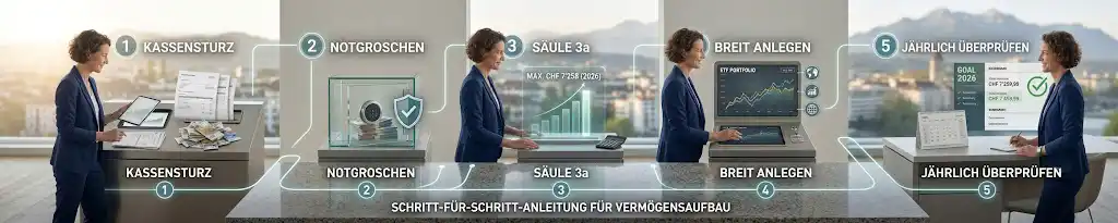 Schritt-für-Schritt-Anleitung Vermögensaufbau Schweiz: Eine visuelle Timeline zeigt die 5 entscheidenden Phasen vom Kassensturz bis zur jährlichen Überprüfung, um zu illustrieren, wie man sein Vermögen mit 40 in der Schweiz aufbaut und die Frage zu beantworten, wie viel Geld sollte man mit 40 gespart haben in der Schweiz.