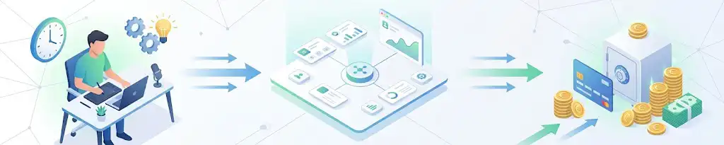 Eine moderne Infografik-Trennlinie zeigt sieben aufeinanderfolgende Wege, um Online Geld verdienen ohne Eigenkapital: Mikro-Jobs, Texten, Usability-Tests, Virtuelle Assistenz, Kreative Marktplätze, Gebrauchtes verkaufen und Affiliate-Marketing. Pfeile führen von jedem Panel zu einer wachsenden Euro-Münzstapel, was Einkommen ohne Startgeld symbolisiert. Eine visuelle Übersicht für Online Geld verdienen ohne Startkapital.