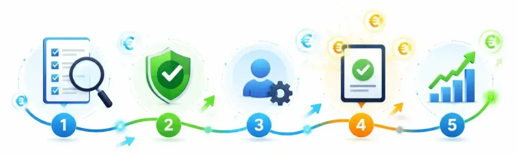 Prozessgrafik in 5 Schritten für das legal und seriös online Geld verdienen ohne Startkapital im Jahr 2026.