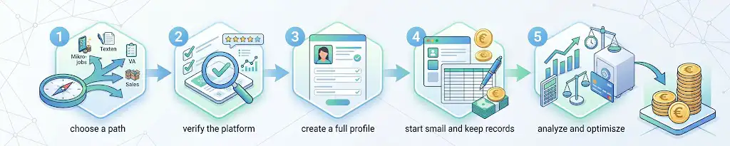 Eine 5-Schritte-Infografik, die den Prozess für das Online Geld verdienen ohne Startkapital illustriert: 1. Weg wählen, 2. Plattform prüfen, 3. Profil anlegen, 4. Einnahmen dokumentieren, 5. Analysieren und optimieren, was zu Euro-Einnahmen führt   . Diese strukturierte visuelle Anleitung zeigt, wie Online Geld verdienen ohne Eigenkapital strategisch aufgebaut wird