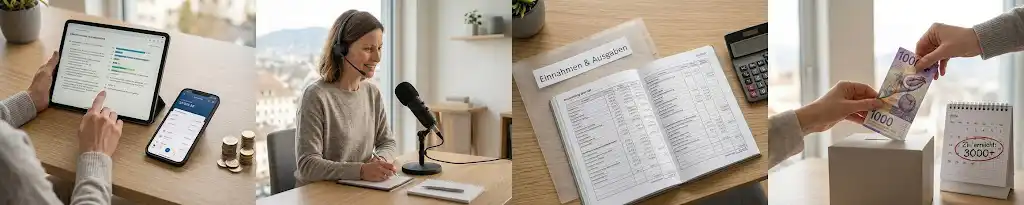 Eine systematische Schritt-für-Schritt-Visualisierung, wie man von zuhause aus 3.000 CHF im Monat verdienen kann, mit Paneelen für Multitasking an Geräten, Kunden-Meetings mit Headset, sorgfältiger Buchhaltung und dem Erreichen des Ziels, dargestellt durch eine 1000er CHF-Note.