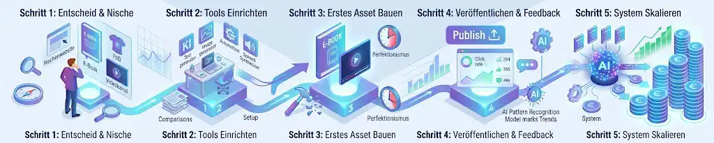 Eine illustrative 5-Schritte-Anleitung im 5:1 Format: Vom Treffen der Nischenentscheidung und Einrichten der KI-Tools bis hin zur Asset-Erstellung, zum Feedback und zur automatisierten Skalierung, um nachhaltig passives Einkommen generieren mit KI.