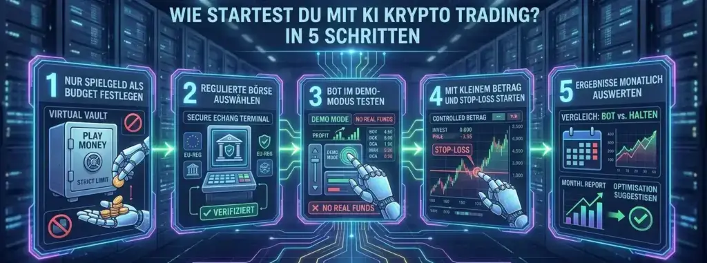 KI Krypto Trading: Was Algorithmen können – und wo sie scheitern 4 Wie startest du mit KI Krypto Trading? In 5 Schritten