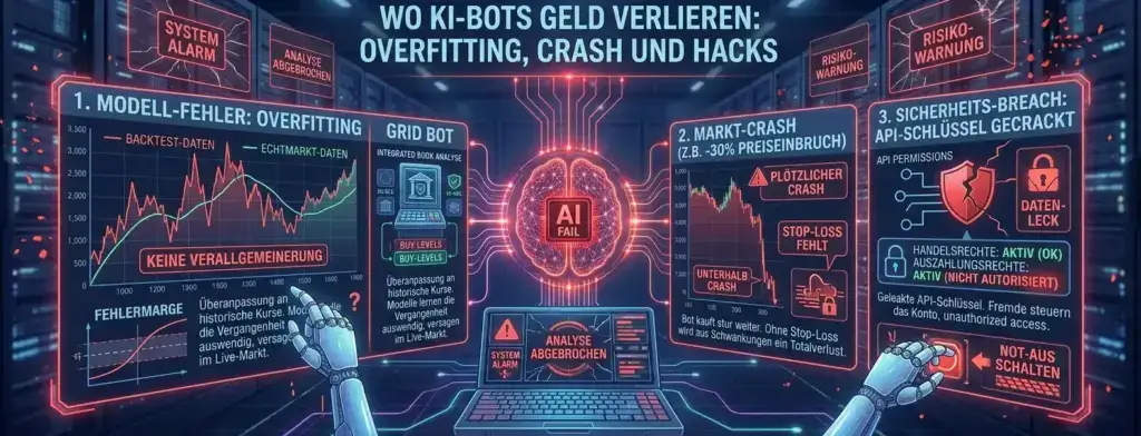 KI Krypto Trading: Was Algorithmen können – und wo sie scheitern 6 Wo KI-Bots Geld verlieren: Overfitting, Crash und Hacks