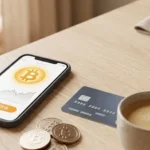 Bitcoin kaufen Sparkasse: Smartphone mit Banking-App und Bitcoin-Münzen auf dem Schreibtisch