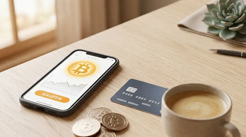 Bitcoin kaufen Sparkasse: So funktioniert der Kryptohandel in der App 1 Bitcoin kaufen Sparkasse: Smartphone mit Banking-App und Bitcoin-Münzen auf dem Schreibtisch