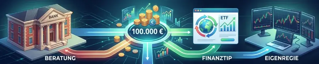 Eine Infografik zum Vergleich von Anlagestrategien für Passives Einkommen mit 100.000 Euro: Beratung bei der Sparkasse, Finanztip-ETF-Strategie oder Eigenregie mit Aktiendepot.