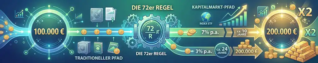 Eine Infografik zur Verdopplung von passivem Einkommen mit 100.000 Euro mithilfe der 72er-Regel, die den Vergleich zwischen langsamen Sparzinsen und schnellerer Marktrendite visualisiert.