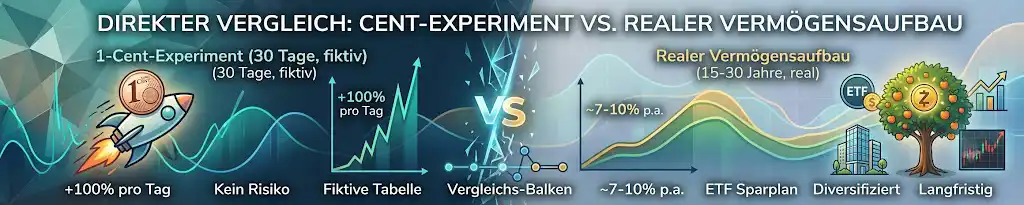 Rechnung und Tabelle: 1 Cent täglich verdoppeln für 30 Tage vs. realer Zinseszinseffekt. Das Experiment, jeden Tag Geld verdoppeln zu lassen, im Realitäts-Check gegen seriöse Anlage.
