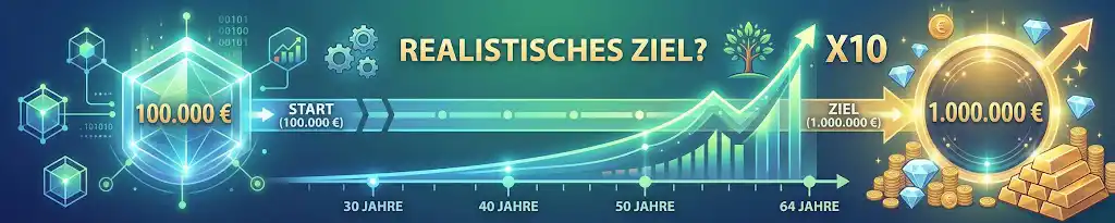 Eine Infografik zur Fragestellung, wie man mit passivem Einkommen mit 100.000 Euro Millionär werden kann, die den Zinseszinseffekt und den Zeithorizont visualisiert.