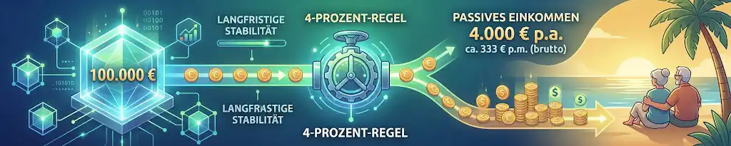 Eine Infografik zur Anwendung der 4-Prozent-Regel für passives Einkommen mit 100.000 Euro, die die monatliche Entnahme von 333 Euro brutto visualisiert.