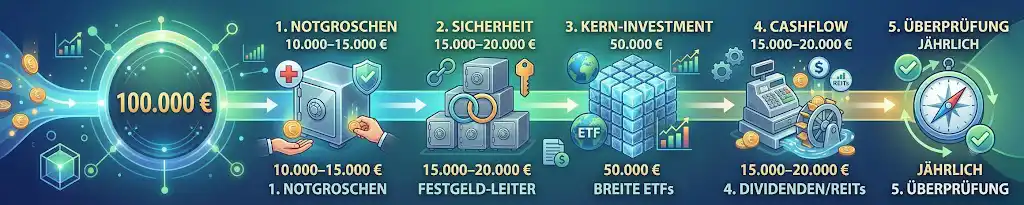 Ein 5-Schritte-Plan als Infografik zur Aufteilung von passivem Einkommen mit 100.000 Euro, der Notgroschen, Sicherheit, ETFs, Cashflow und Überprüfung visualisiert.