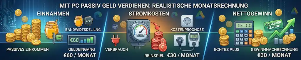 Mit PC passiv Geld verdienen: Realistische Monatsrechnung und Beispielkalkulation für Einnahmen und Stromkosten.