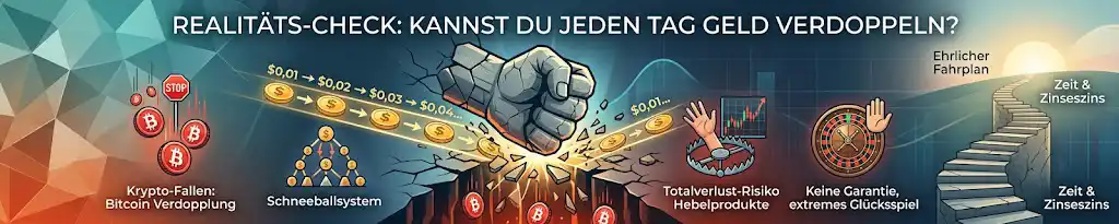 Realitäts-Check: Kann man jeden Tag Geld verdoppeln? Warum das 1-Cent-Experiment nicht auf die Realität übertragbar ist. Warnung vor Schneeballsystemen beim Geld verdoppeln ohne Risiko Versuch.