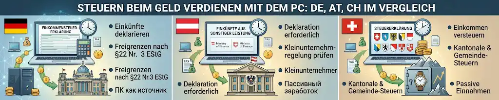 Steuern beim Geld verdienen mit dem PC: Deutschland, Österreich und Schweiz im Vergleich