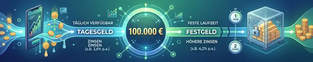 Vergleich von Zinserträgen für Passives Einkommen mit 100.000 Euro auf Tagesgeld und Festgeld Konten, visualisiert als moderne digitale Infografik.