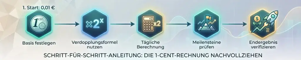 Anleitung zum Geld verdoppeln: 1 Cent 30 Tage verdoppeln Tabelle und Formel selbst nachреchnen. Das mathematische Wunder, jeden Tag Geld verdoppeln zu lassen, grafisch erklärt.