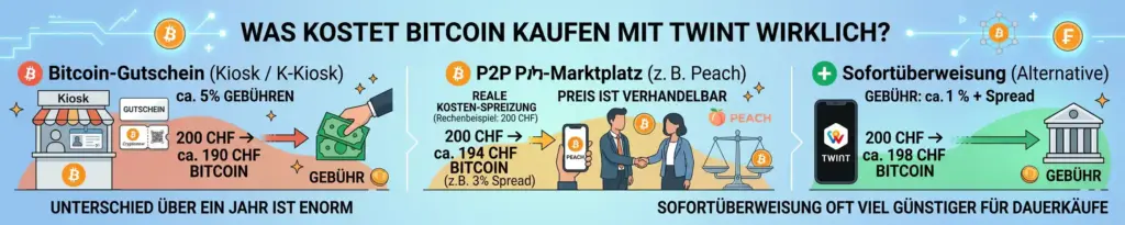 Bitcoin kaufen mit TWINT: Welche Wege es gibt und was sie wirklich kosten 6 Was kostet Bitcoin kaufen mit TWINT wirklich?