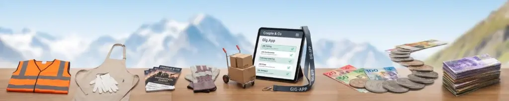 Ein modernes fotografisches Banner zeigt verschiedene Ausrüstungsgegenstände für Gig-Jobs, wie eine Warnweste, eine Kochschürze und Arbeitshandschuhe, die ordentlich neben einem Tablet liegen, das eine Job-App zeigt. Ein Pfad aus Schweizer Münzen und Banknoten führt direkt zu einem sauberen Stapel der 1000-Franken-Note, was visualisiert, wie man schnell 1000 Franken verdienen Schweiz über Plattformen wie Coople & Co.