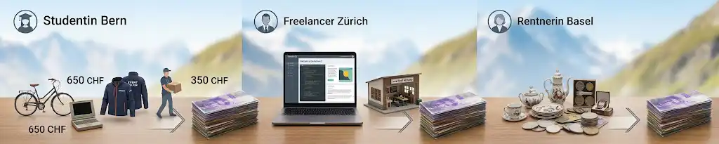 Ein modernes fotografisches Banner (5:1) visualisiert drei erfolgreiche Praxisbeispiele für schnelles Geld verdienen in der Schweiz: Eine Studentin mit Fahrrad und Laptop (Verkauf + Gig-Job, 1000 CHF), ein Freelancer mit Laptop und Handwerksbetrieb-Modell (Freelancing, 1100 CHF) und eine Rentnerin mit Antiquitäten und Münzen (Verkauf, 1240 CHF). Alle Beispiele enden mit Stapeln Schweizer Franken und einer 1000er Note, vor einem Alpenpanorama, um schnell 1000 Franken verdienen Schweiz.