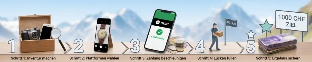 Ein modernes fotografisches Banner, das eine horizontale Schritt-für-Schritt-Anleitung visualisiert: beginnend mit einer Inventur alter Gegenstände (1), dem Einstellen auf Plattformen (2), der Beschleunigung der Zahlung per Twint (3), dem Auffüllen von Lücken durch Gig-Jobs (4) und dem Sichern der Einnahmen als Ziel von 1000 Schweizer Franken, alles vor einem Alpenpanorama, um schnell 1000 Franken verdienen Schweiz.