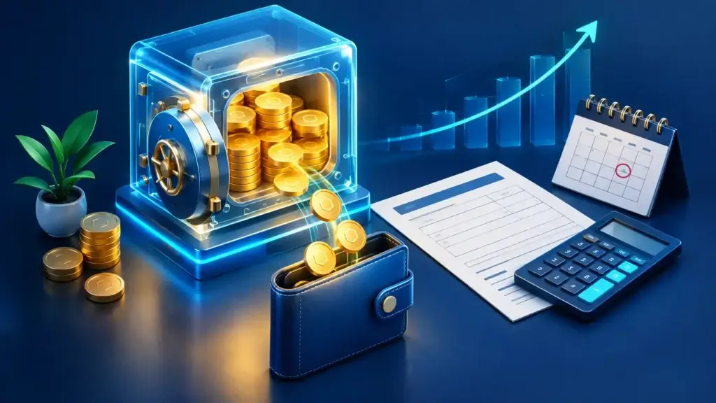 Staking Steuern: Coins aus dem Staking fließen in eine Wallet, daneben Steuerformular und Kalender zur Haltefrist