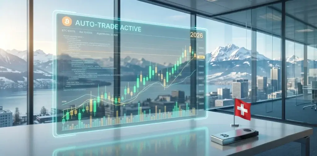Bitcoin Autotrading kostenlos starten Schweiz 2026: Ein automatisierter Krypto-Bot handelt vor der Kulisse der Schweizer Alpen