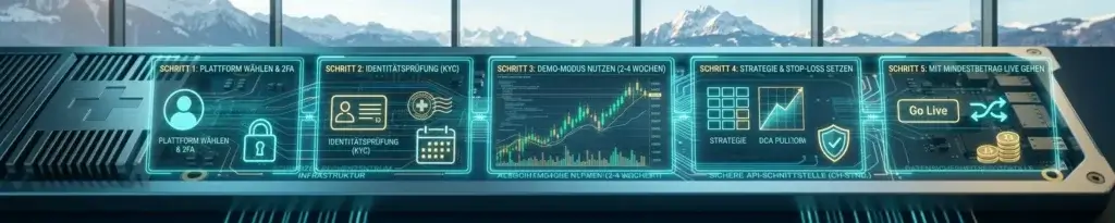 Bitcoin Autotrading kostenlos starten Schweiz 2026: Ein detaillierter, chronologischer Schritt-für-Schritt-Plan für Einsteiger, visualisiert auf einer modernen Schweizer Finanzkonsole.