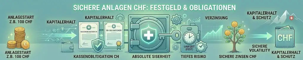 Festgeld und Obligationen: Sicherheit im Portfolio mit kleines Kapital investieren Schweiz - Passives Einkommen aufbauen 500 CHF anlegen Schweiz 2026