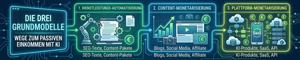 Die drei Grundmodelle für passives Einkommen с KI-Bots: Dienstleistungsautomatisierung, Content-Monetarisierung und Plattform-SaaS-Lösungen