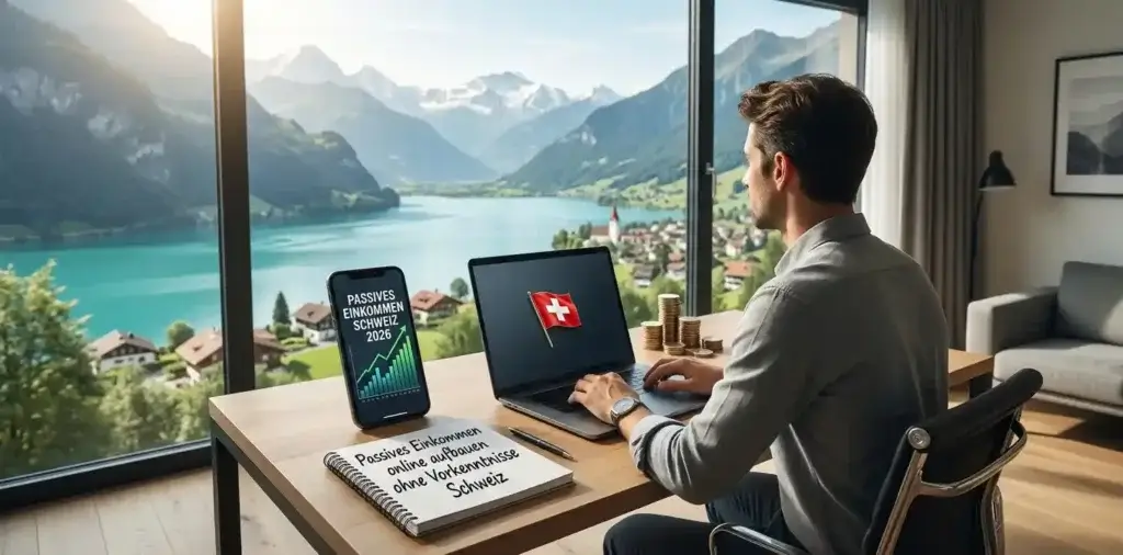 Passives Einkommen online aufbauen ohne Vorkenntnisse Schweiz: Laptop mit Finanzdiagramm und Blick auf die Schweizer Alpen