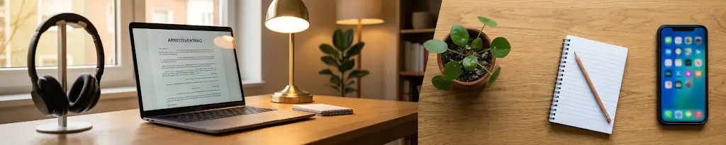 Minijob von zuhause am PC: Schreibtisch mit Laptop, Headset und Notizblock