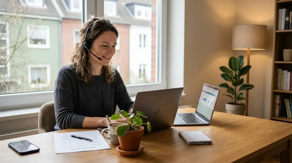 Online Minijob von zuhause: Frau mit Headset arbeitet am Laptop im Homeoffice
