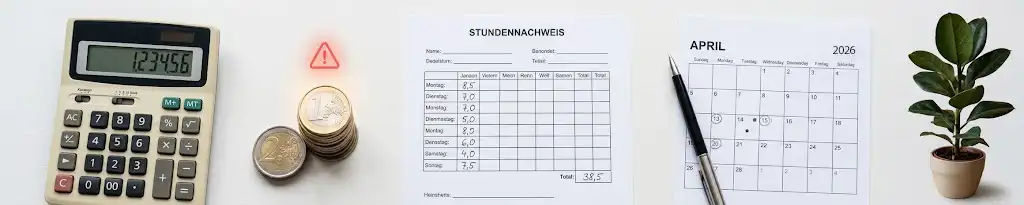 Rechenbeispiel zum Online Minijob: Taschenrechner, Euro-Münzen und Stundenzettel